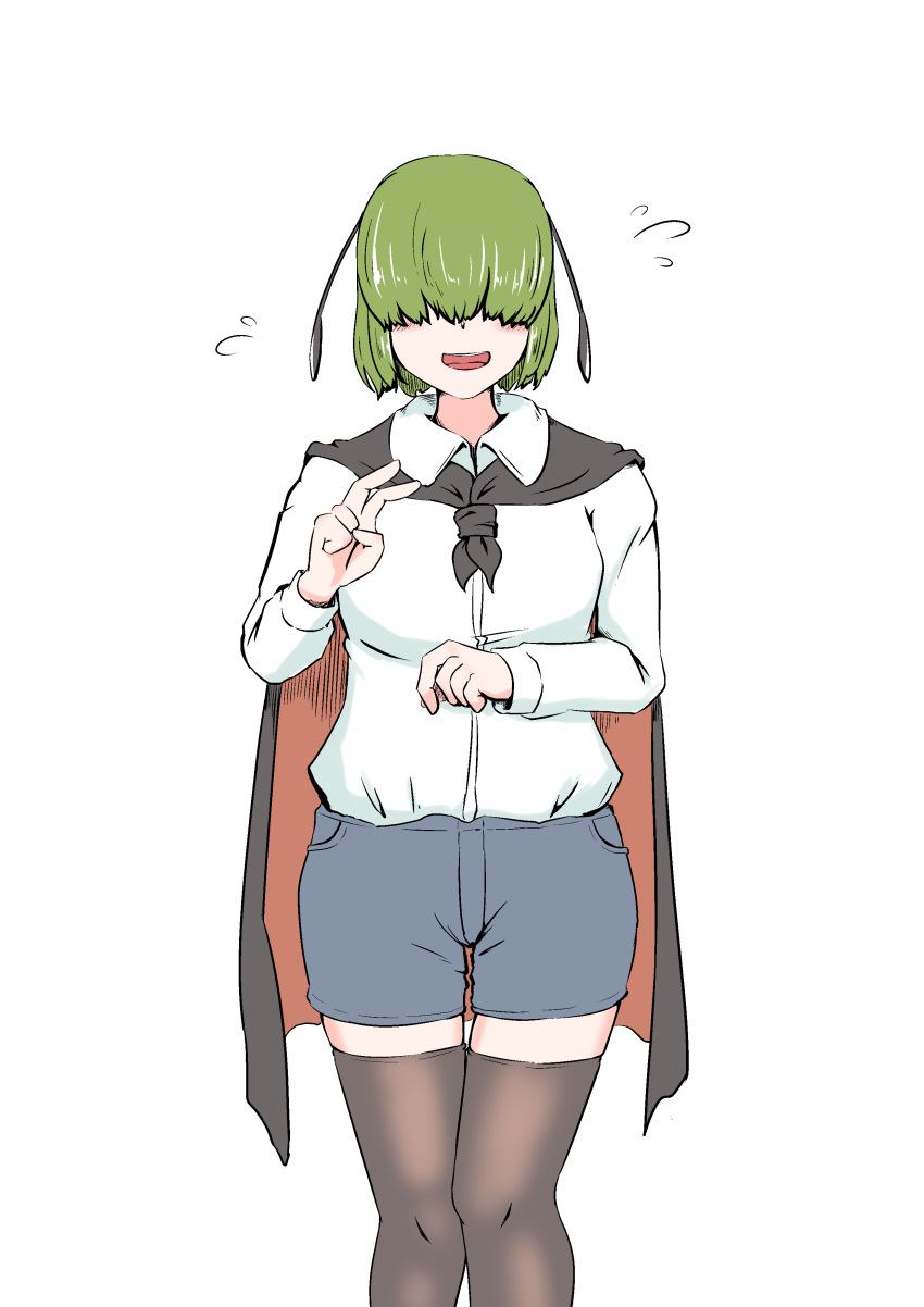 1girl, absurdres, black_thighhighs, blue_shorts, cape, collared_shirt, commentary_request, hair_over_eyes, highres, long_sleeves, narun_adanagi, open_mouth, shirt, short_hair, shorts, simple_background, solo, thigh-highs, touhou, white_background, white_shirt, wriggle_nightbug
