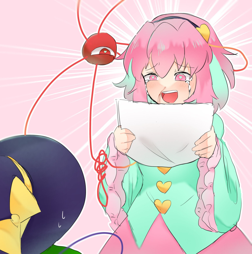 2girls, black_hairband, black_hat, blue_shirt, chikuwa_is_good, commentary, drawing_(object), hairband