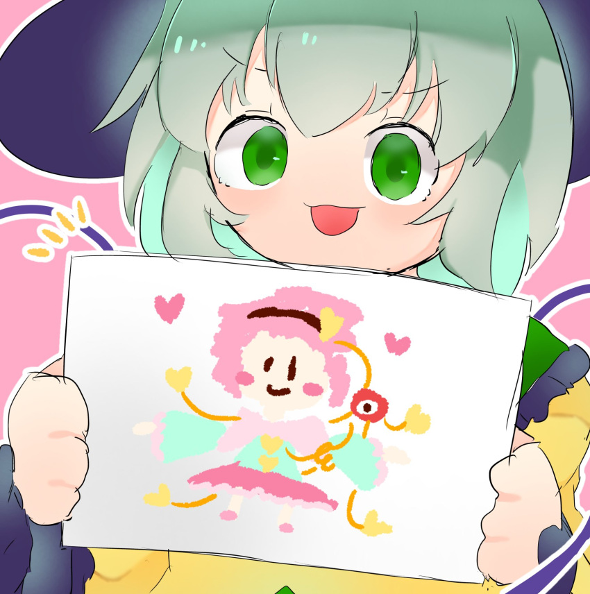 1girl, black_hat, chikuwa_is_good, commentary, drawing_(object), green_eyes, green_hair, hat