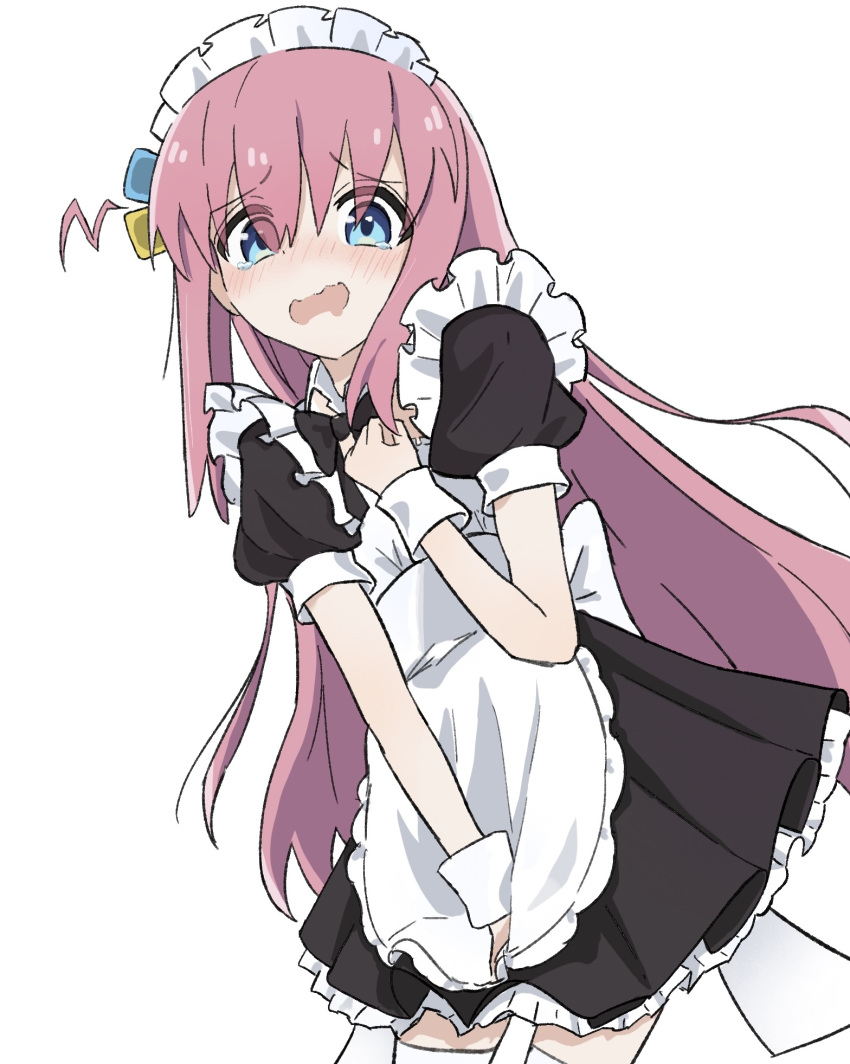 apron, black_dress, blue_eyes, bocchi_the_rock!, cube_hair_ornament, dress, gotoh_hitori, hair_ornament