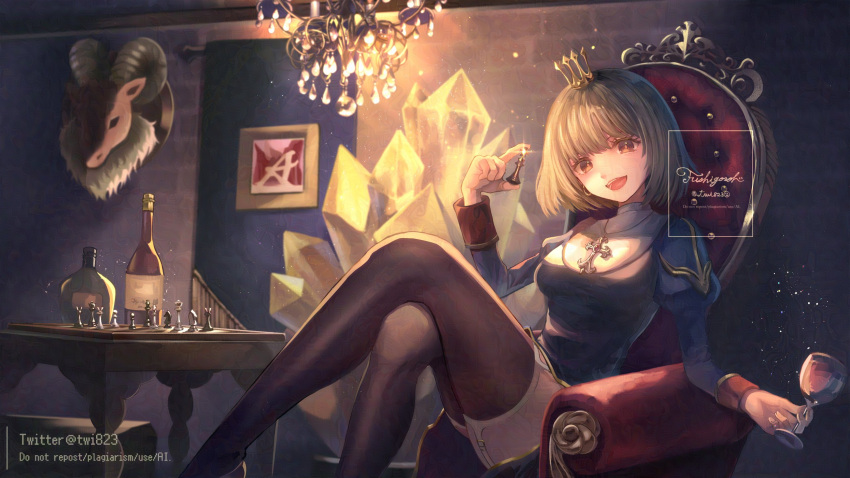 1girl, 823/natalia, :d, armchair, baphomet_(ragnarok_online), black_thighhighs, blue_dress, bottle