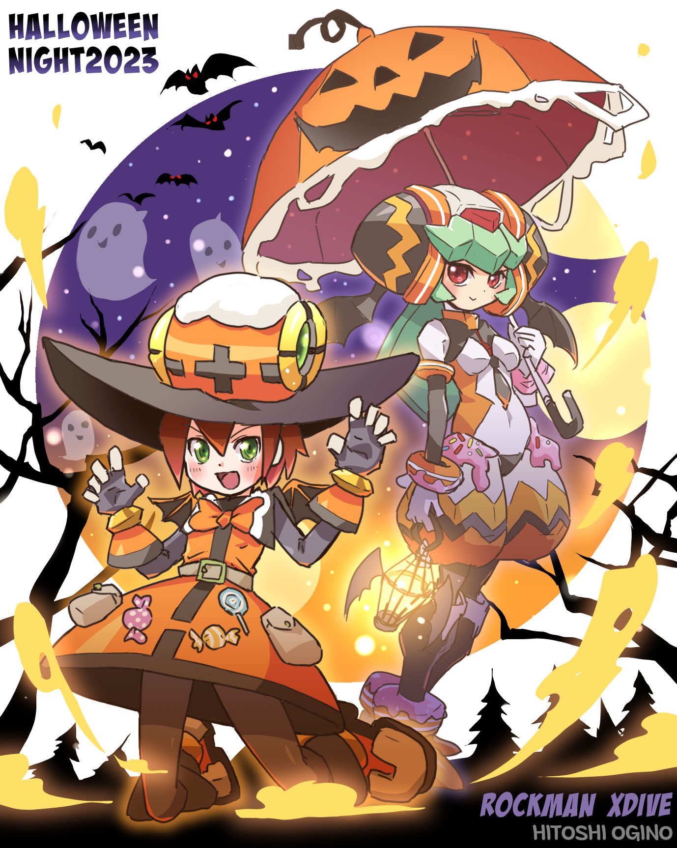 2girls, aile_(mega_man_zx), alternate_costume, artist_name, artist_request, bat_(animal), brown_hair, claw_pose, demon_wings, dress, full_body, ghost, green_eyes, green_hair, halloween, halloween_costume, hat, highres, holding, holding_umbrella, mega_man_(series), mega_man_x_(series), mega_man_x_dive, mega_man_zx, multiple_girls, official_alternate_costume, ogino_hitoshi_(ogitchi), open_mouth, orange_dress, pandora_(mega_man), red_eyes, smile, umbrella, wings, witch_hat