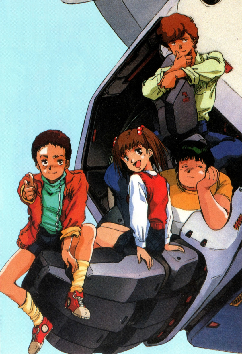 1980s_(style), 1990s_(style), 1girl, 3boys, aiming, aiming_at_viewer, alfred_izuruha, blue_background