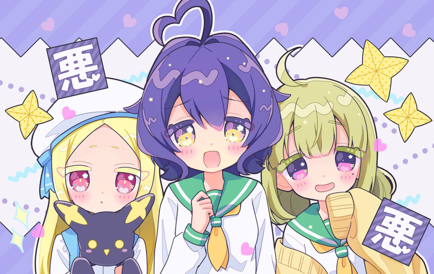 1other, 3girls, ahoge, araga_kiwi, blonde_hair, blush, breasts, brown_sweater