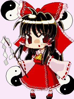 ascot, bow, brown_eyes, brown_hair, chibi, detached_sleeves, dress, gohei