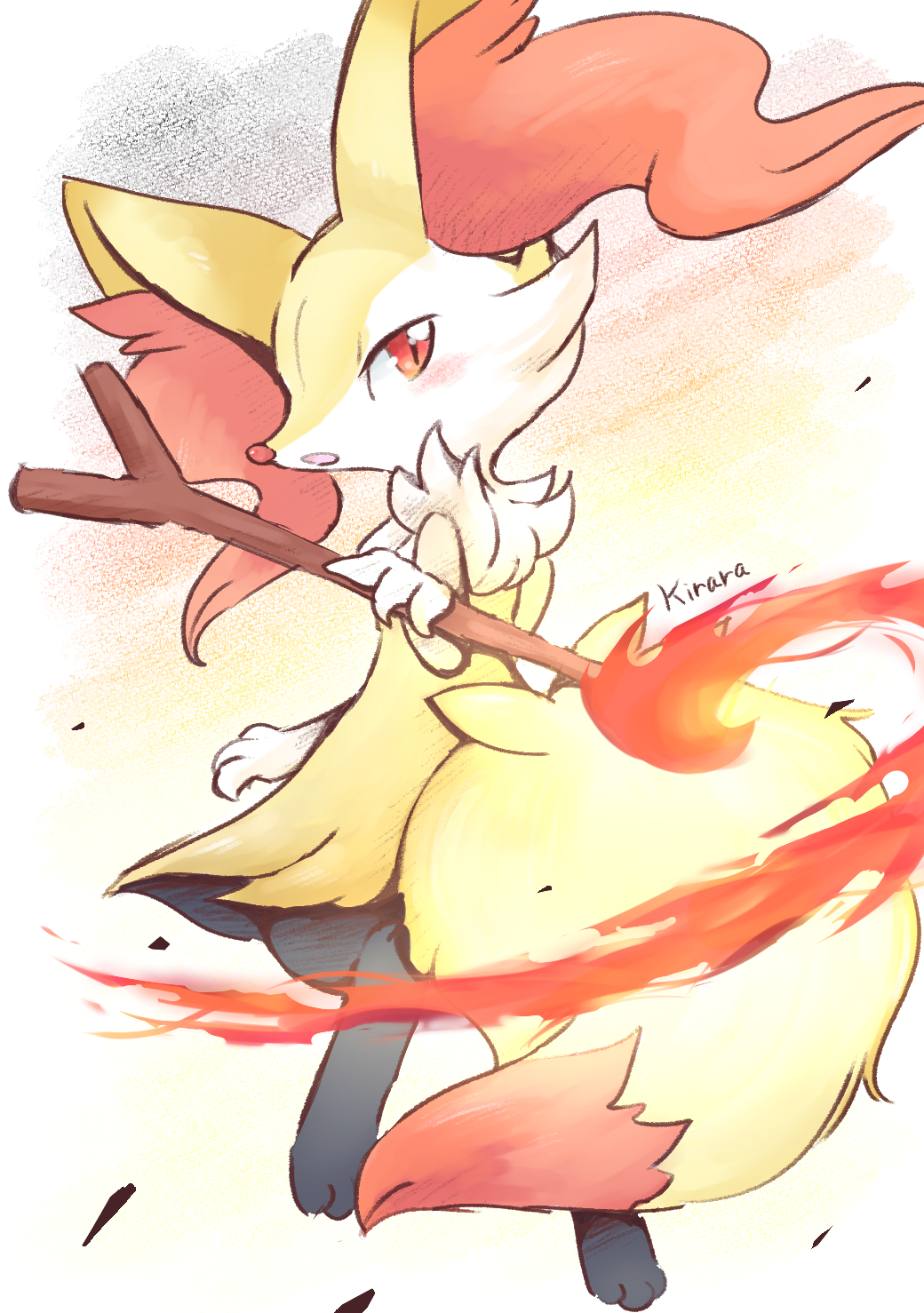 artist_name, black_fur, blush, braixen, erminetail, fire, highres, holding