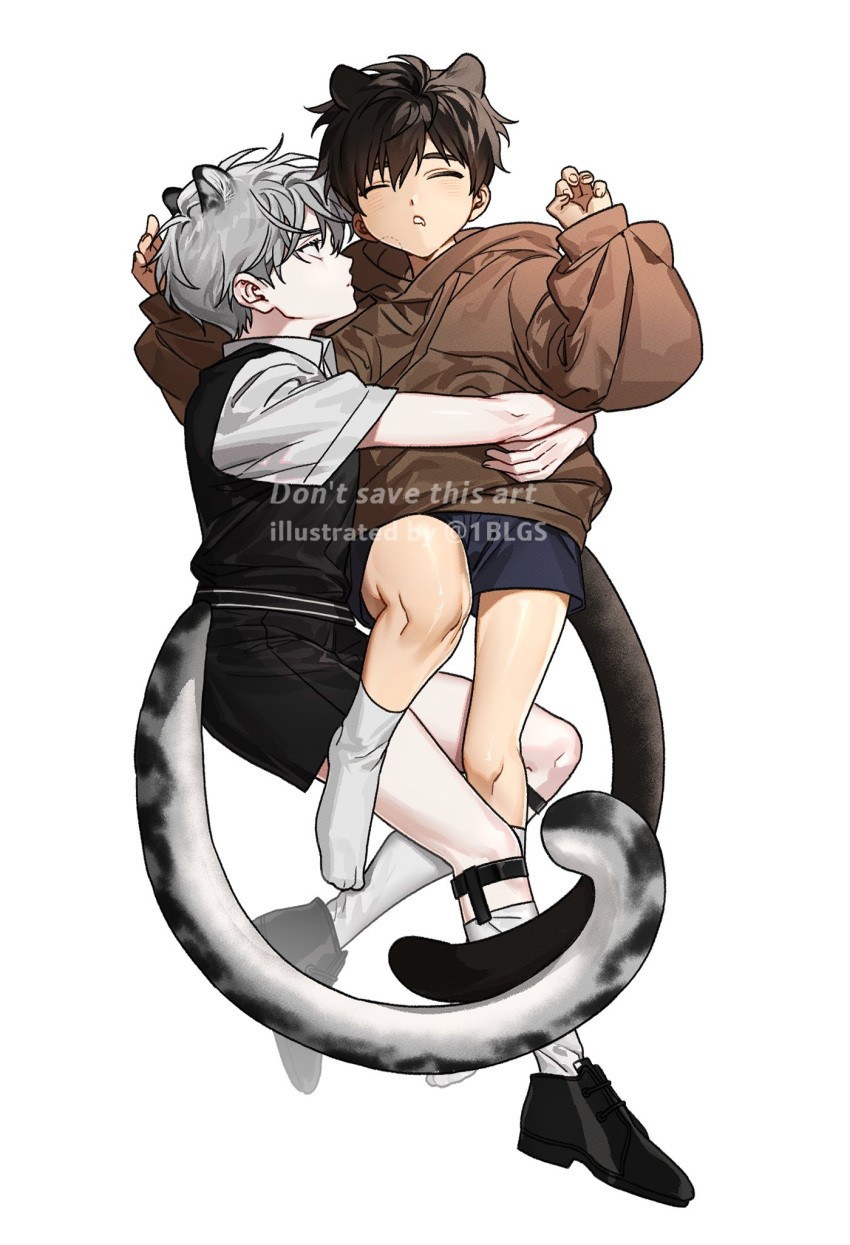 1blgs, 2boys, aged_down, animal_ears, bite_mark_on_face, black_footwear, black_shorts, black_sweater