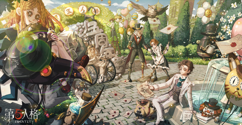 3girls, 4boys, :d, absurdres, aircraft, alternate_costume, amputee, animal_balloon