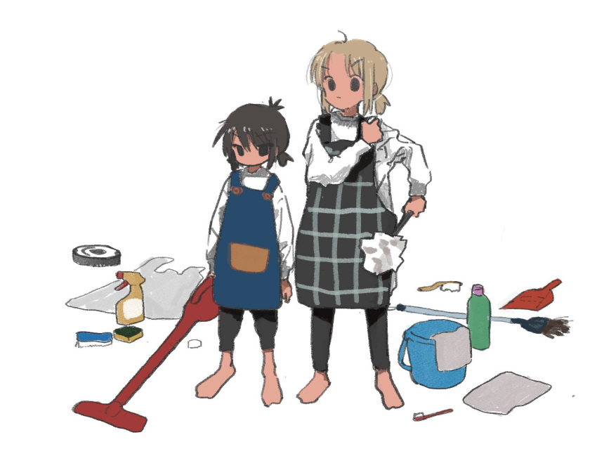 2girls, a_channel, adjusting_strap, alternate_costume, alternate_hairstyle, antenna_hair, apron, arms_at_sides