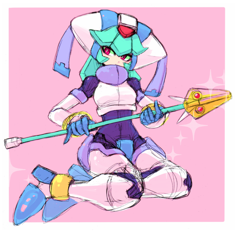 1girl, android, armor, black_bodysuit, bodysuit, bodysuit_under_clothes, boots, crop_top, crotch_plate, forehead_jewel, green_hair, helmet, holding, holding_staff, medium_hair, mega_man_(series), mega_man_zx, mega_man_zx_advent, milky_611, pandora_(mega_man), pink_background, power_armor, red_eyes, sketch, solo, sparkle, staff, thigh_boots, white_armor, white_helmet