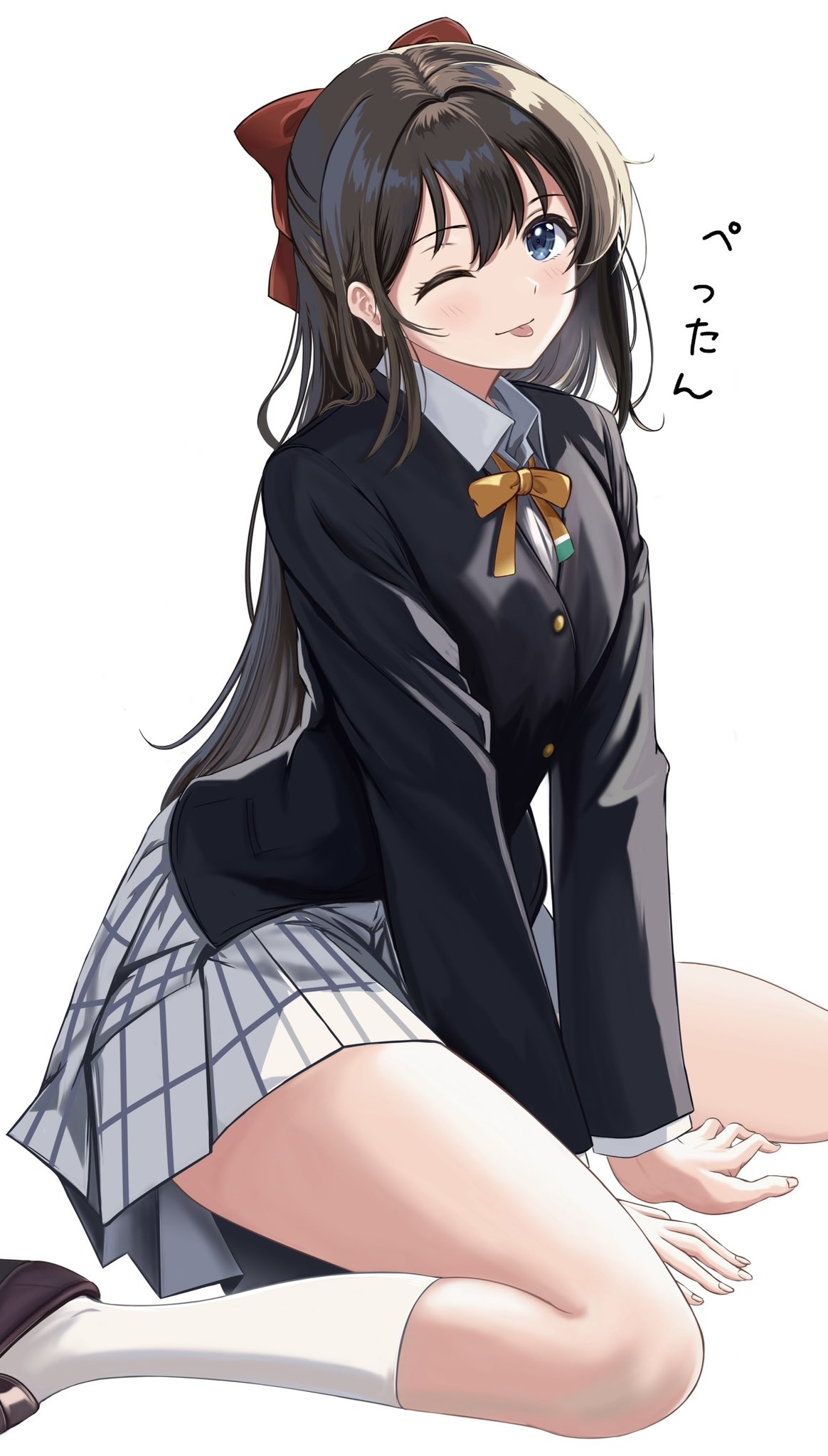 >_o, 1girl, :p, arm_support, black_jacket, blazer, blue_eyes, bow