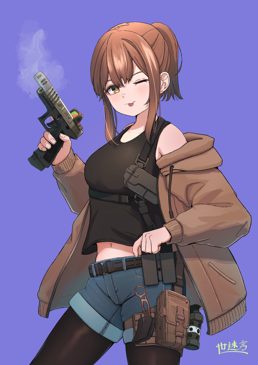 1girl, absurdres, ammunition_pouch, artist_name, belt, black_belt, black_shirt, black_thighhighs, blue_shorts, breasts, brown_hair, brown_jacket, casual, chest_strap, commentary, commission, explosive, grenade, gun, handgun, highres, holding, holding_gun, holding_weapon, holster, jacket, knife_sheath, looking_at_viewer, medium_breasts, navel, okapi_(yomaigoto), one_eye_closed, orange_eyes, original, pixiv_commission, pouch, scope, sheath, shirt, shorts, solo, thigh-highs, tongue, tongue_out, weapon