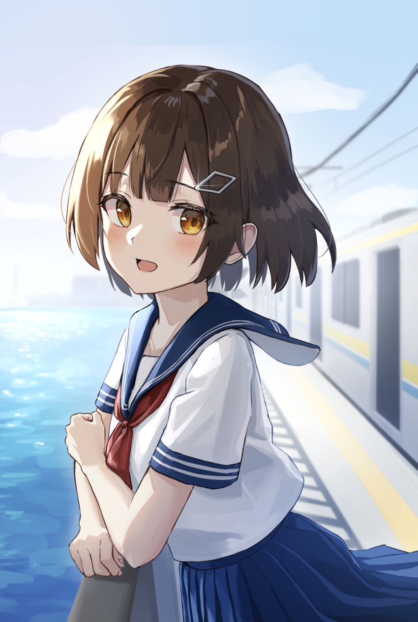 1girl, blue_sailor_collar, blue_skirt, blue_sky, blush, breasts, brown_hair, hair_ornament