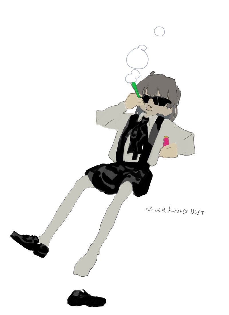 1girl, arm_rest, black_footwear, black_ribbon, black_skirt, blowing_bubbles, bottle, brown_hair
