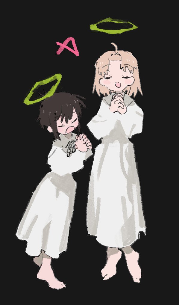 2girls, a_channel, ahoge, alternate_costume, bangs_pinned_back, barefoot, black_background, black_hair