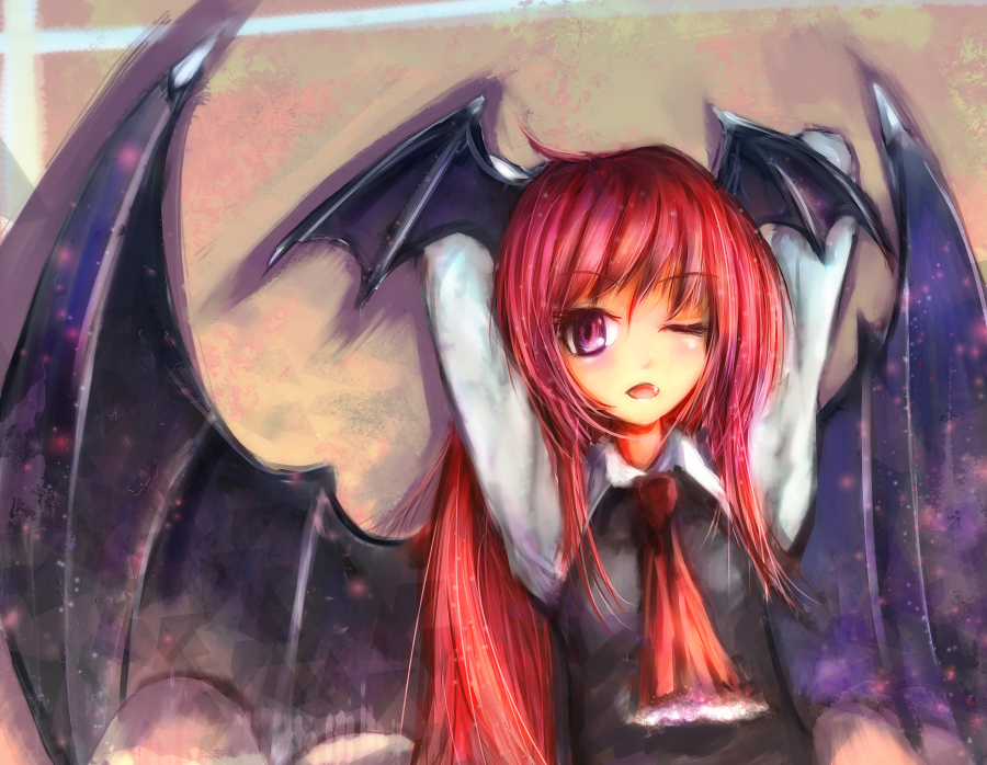 bad_id, bat_wings, dot_heit, fang, head_wings, koakuma, long_hair, open_mouth, purple_eyes, red_hair, redhead, solo, touhou, violet_eyes, wings, wink
