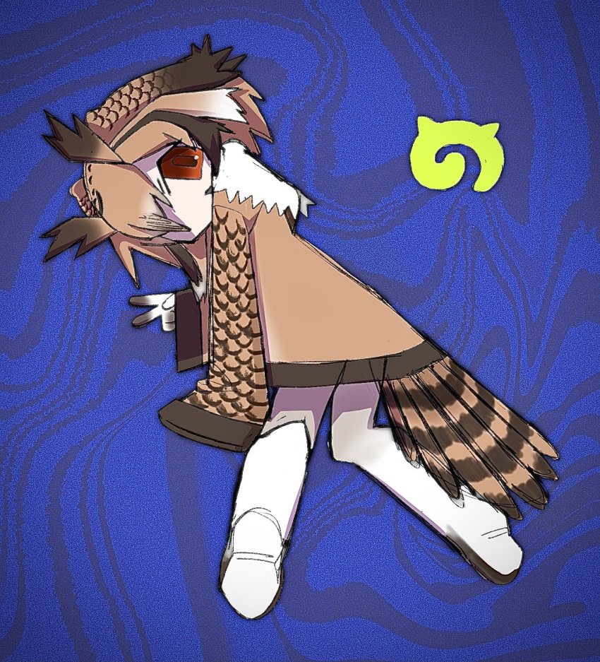 1girl, bad_id, bad_twitter_id, bird_tail, blue_background, brown_coat, brown_eyes, brown_hair