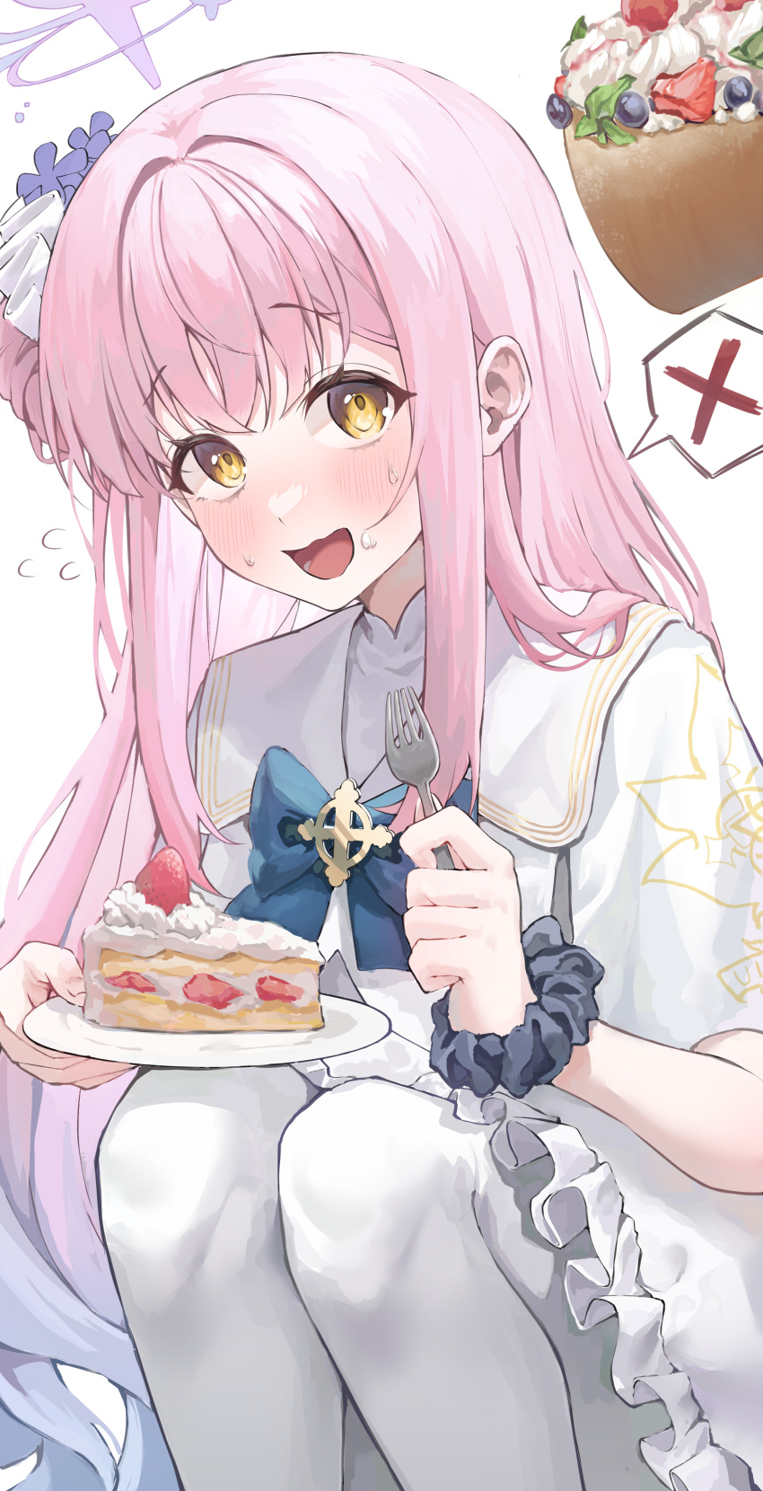 1girl, :d, absurdres, blue_archive, blunt_bangs, cake, capelet, commentary_request