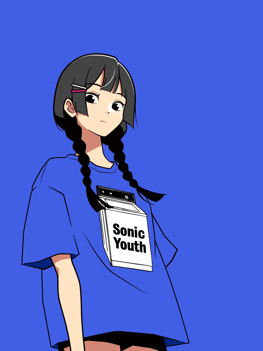 1girl, alternate_costume, arms_at_sides, black_eyes, black_hair, black_shorts, blue_background, braid