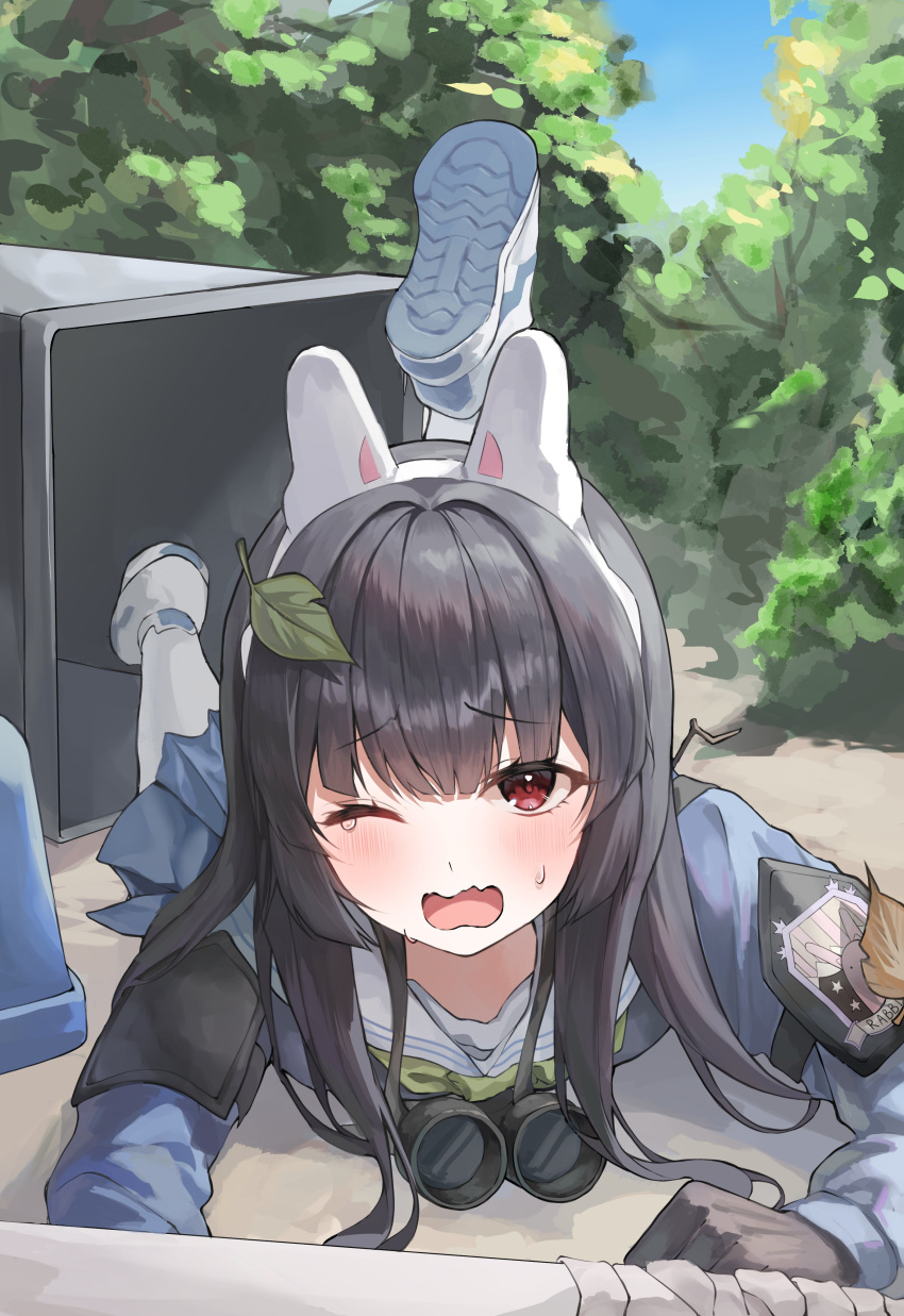 1girl, ;o, absurdres, animal_ears, binoculars, black_gloves, black_hair, blue_archive