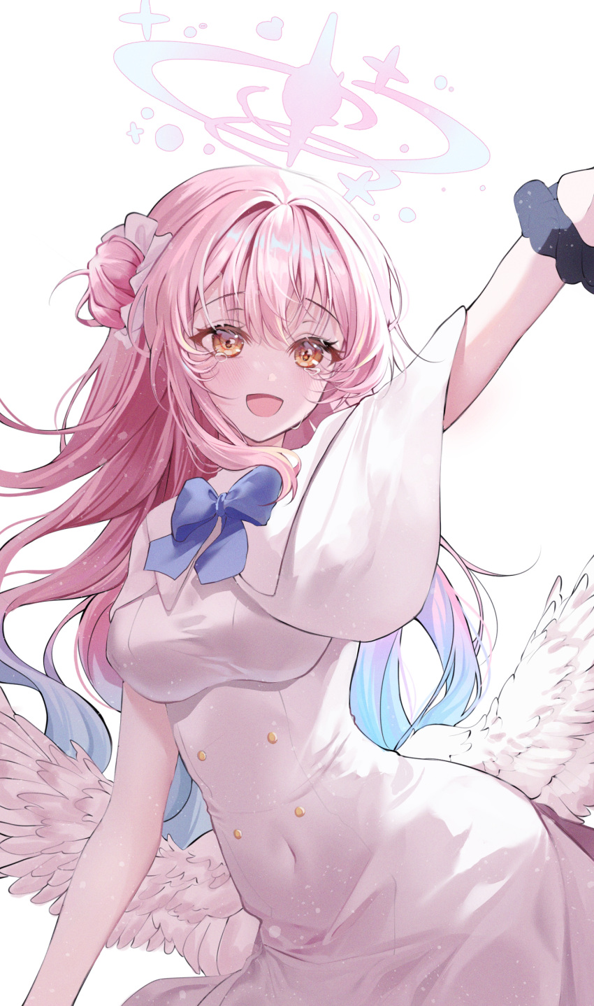 1girl, :d, absurdres, angel_wings, arm_up, blue_archive, blunt_bangs, capelet