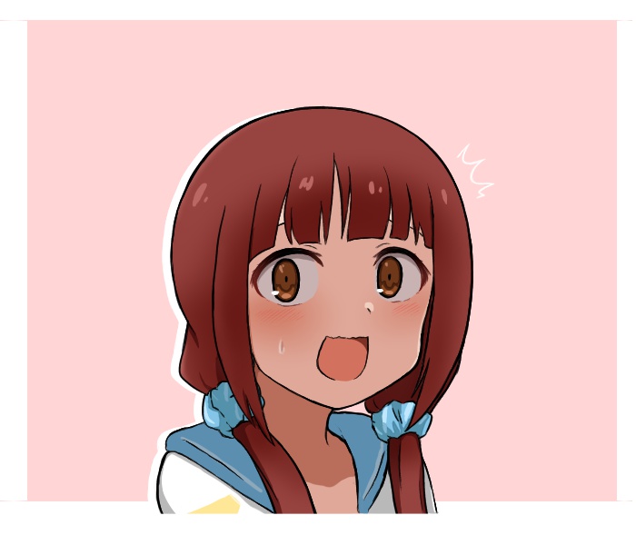 1girl, ^^^, blue_collar, blunt_bangs, blush, border, collar, dot_nose, hair_ornament, hair_scrunchie, idolmaster, idolmaster_million_live!, idolmaster_million_live!_theater_days, kuro_megane_(cat-13), looking_at_viewer, low_twintails, matsuda_arisa, open_mouth, outline, outside_border, pink_background, redhead, scrunchie, shirt, simple_background, solo, straight_hair, sweat, twintails, upper_body, wavy_mouth, white_border, white_outline, white_shirt