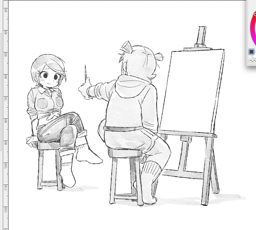 2girls, canvas_(object), color_wheel, crossed_legs, easel, eyelashes, full_body, highres