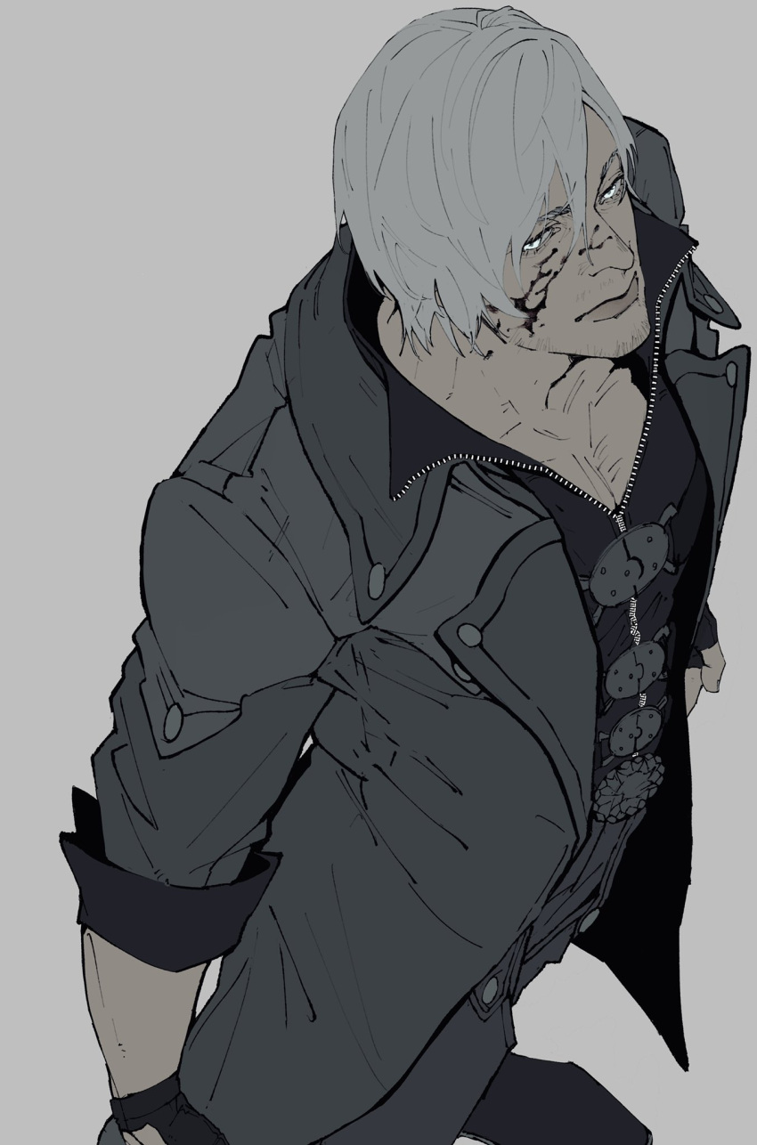 1boy, blood, blood_on_face, blue_eyes, coat, dante_(devil_may_cry), devil_may_cry_(series), devil_may_cry_4