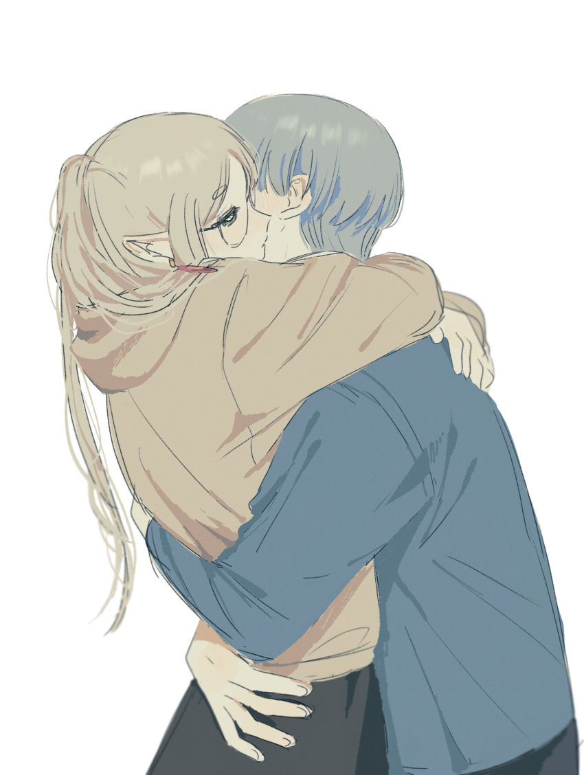 1boy, 1girl, absurdres, bespectacled, blue_hair, blue_shirt, blush, brown_hoodie