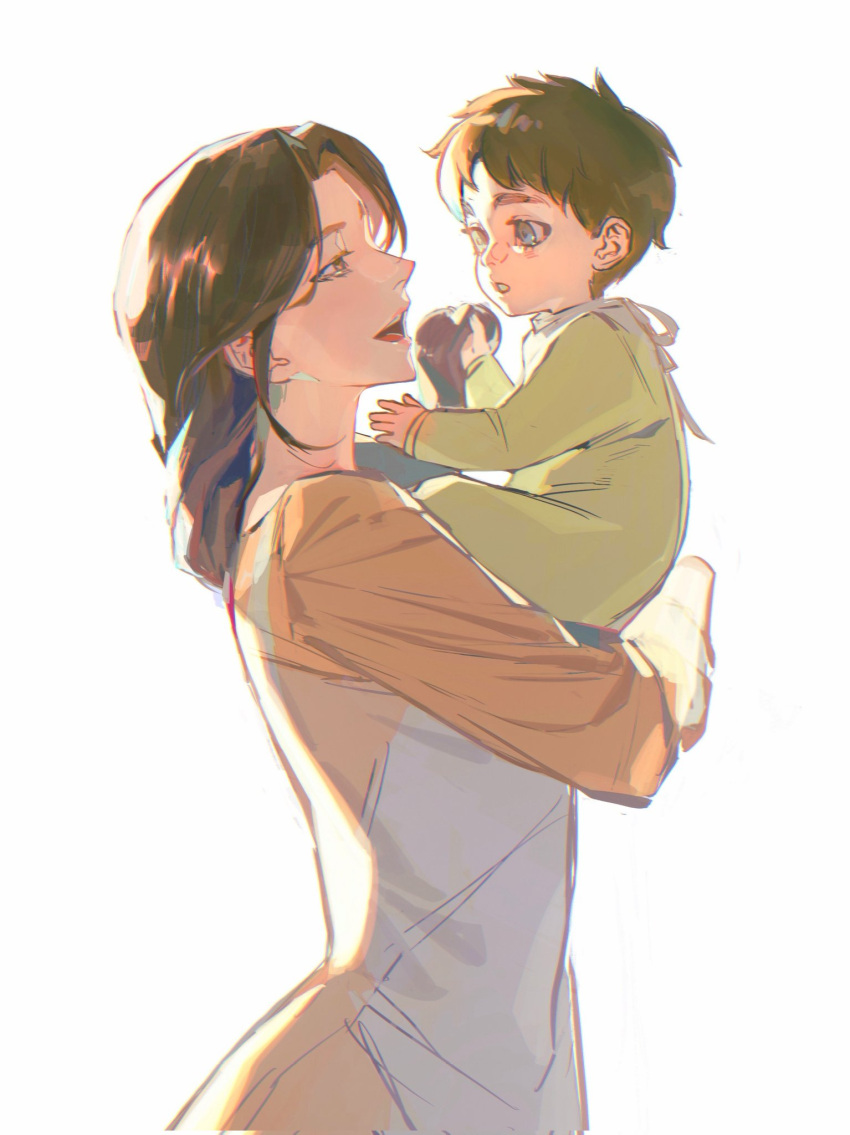 1boy, 1girl, apron, baby, black_hair, brown_hair, carla_yeager, carrying