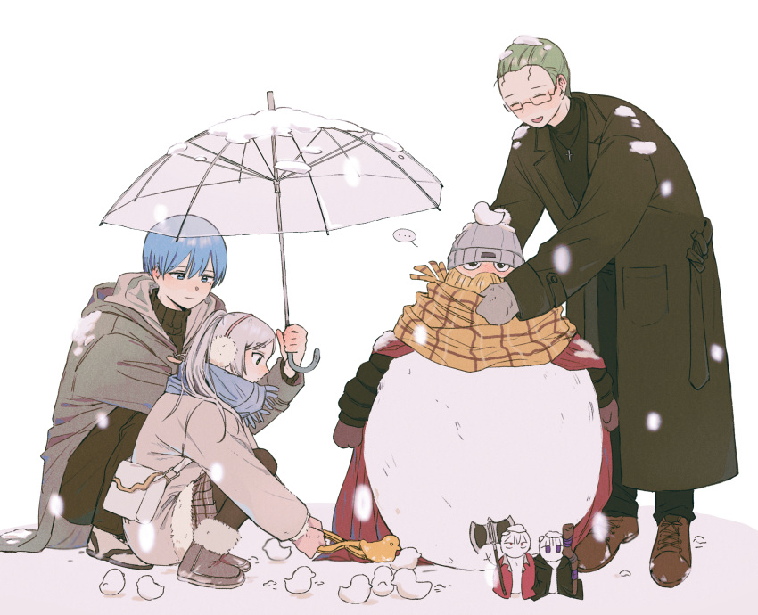 1girl, 3boys, black_sweater, blue_eyes, blue_hair, blue_scarf, boots, brown_coat