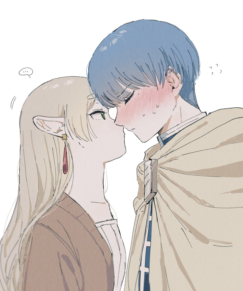 ..., 1boy, 1girl, blonde_hair, blue_hair, blush, cloak, closed_eyes, closed_mouth, dabln_hl, earrings, elf, expressionless, face-to-face, facing_another, flying_sweatdrops, frieren, from_side, green_eyes, hair_down, hetero, highres, himmel_(sousou_no_frieren), imminent_kiss, jewelry, long_hair, long_pointy_ears, looking_at_another, nervous, nose_blush, pointy_ears, profile, short_hair, simple_background, sousou_no_frieren, spoken_ellipsis, upper_body, white_background