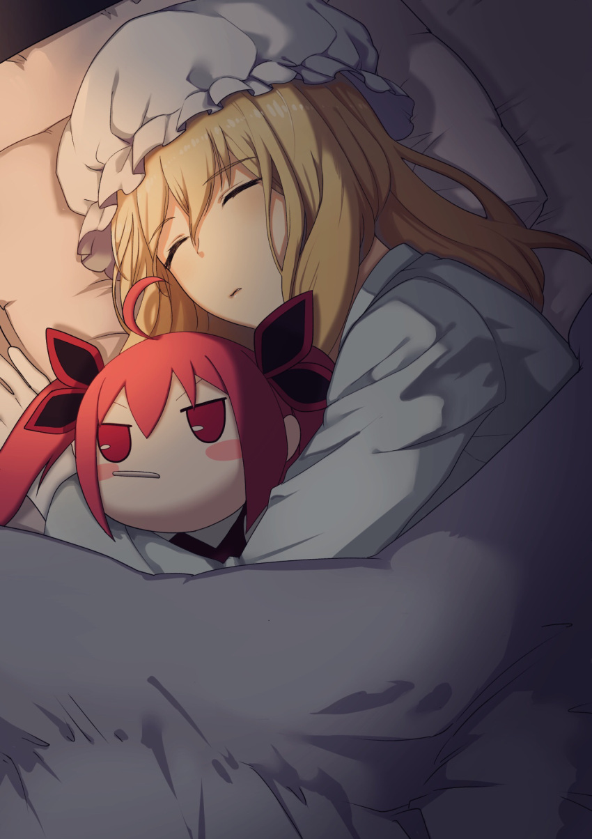 1boy, 1girl, ahoge, bed, blanket, blonde_hair, blue_pajamas, candy