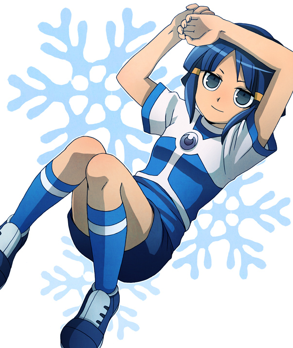 blue_hair, inazuma_eleven, kurakake_clara, lying, shoes, shorts, smile, sneakers