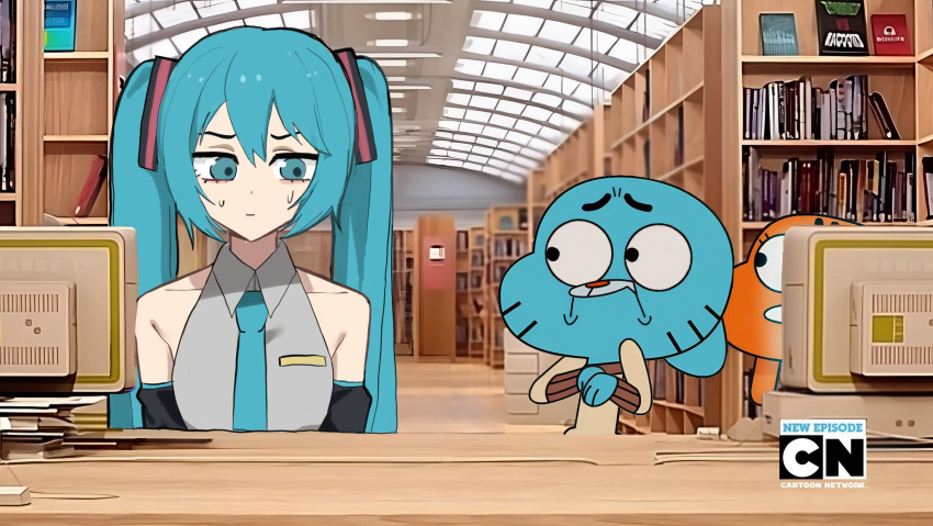 1girl, bare_shoulders, black_sleeves, blue_necktie, closed_mouth, collared_shirt, darwin_watterson, detached_sleeves
