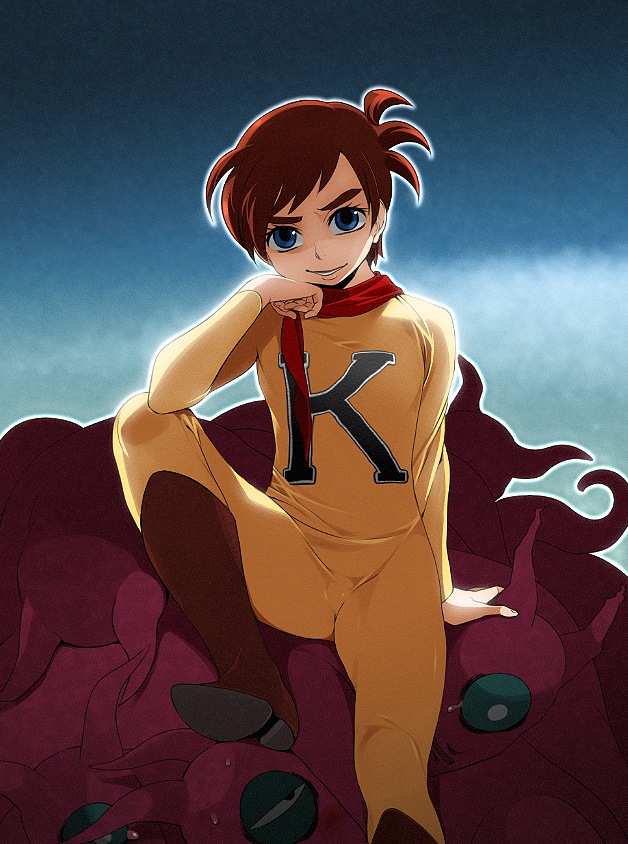 1boy, agemono, alien, blue_eyes, bodysuit, brown_eyes, brown_footwear, chargeman_ken!