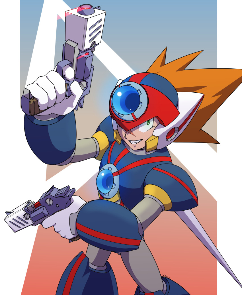 absurdres, android, armor, axl_(mega_man), black_armor, brown_hair, cowboy_shot, dual_wielding