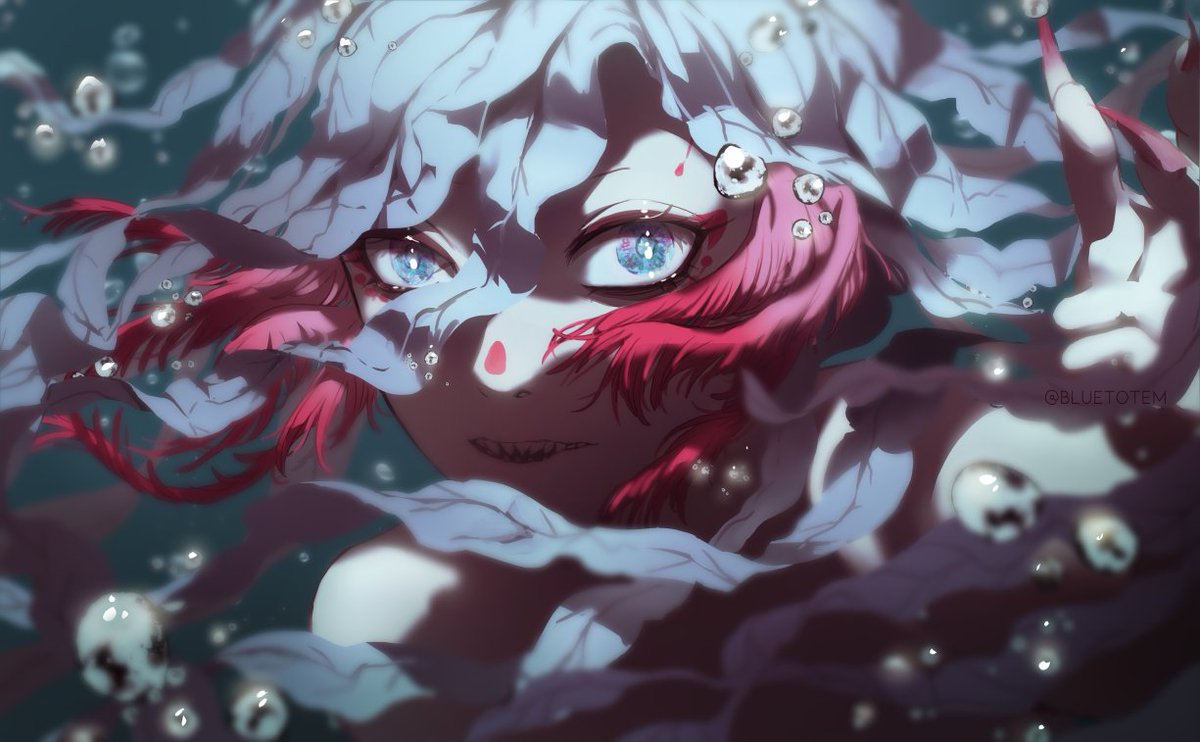 1boy, air_bubble, androgynous, artist_name, blue_background, blue_eyes, blue_hair, body_markings