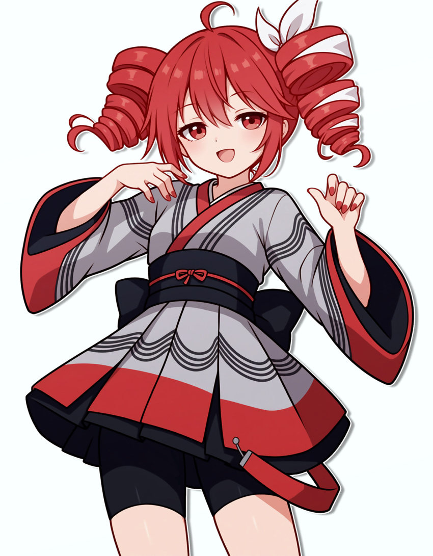 1girl, :d, adapted_costume, ahoge, bike_shorts, black_shorts, bow, commentary, contrapposto, cowboy_shot, dress, drill_hair, grey_kimono, hair_bow, half-closed_eyes, hands_up, highres, japanese_clothes, kasane_teto, kasane_teto_(sv), kimono, looking_at_viewer, nail_polish, obi, open_mouth, outline, red_eyes, red_nails, red_trim, redhead, sash, shadow, short_hair, shorts, shorts_under_dress, smile, solo, standing, striped_clothes, striped_kimono, suuchi_maigo_(nan), synthesizer_v, twin_drills, utau, white_background, white_bow, white_outline