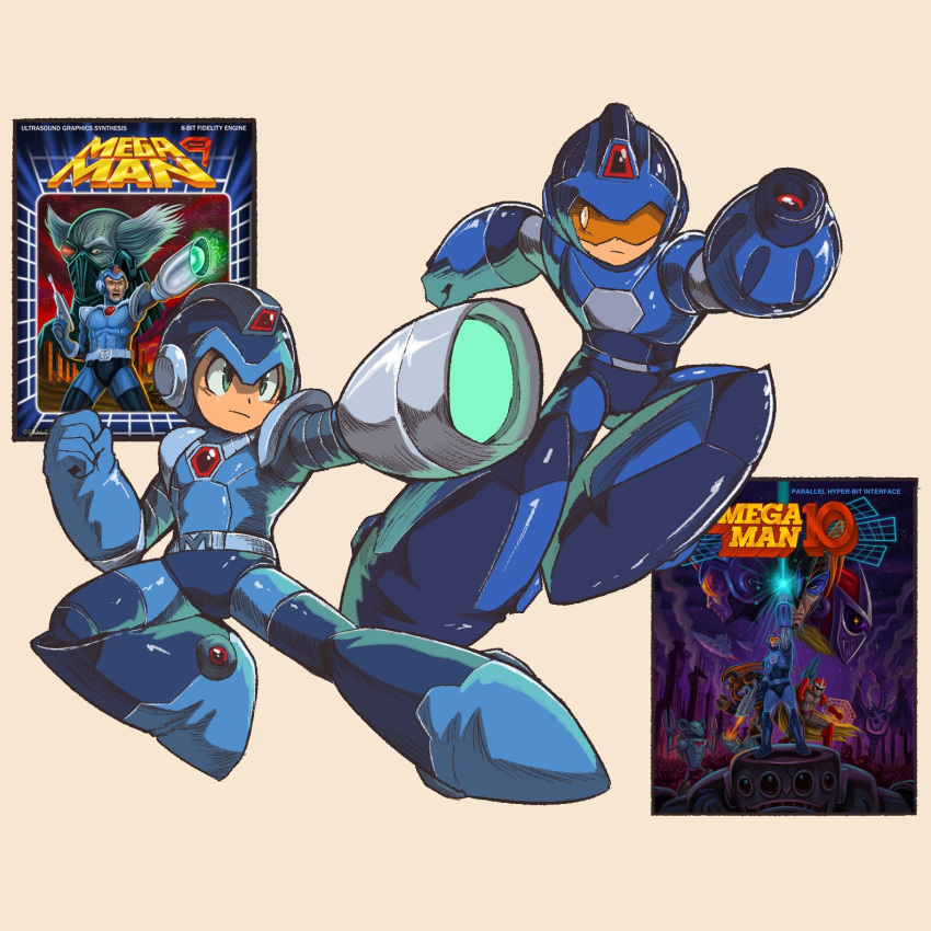 2boys, adapted_costume, arm_cannon, armor, assault_visor, blue_armor, blue_bodysuit, blue_footwear