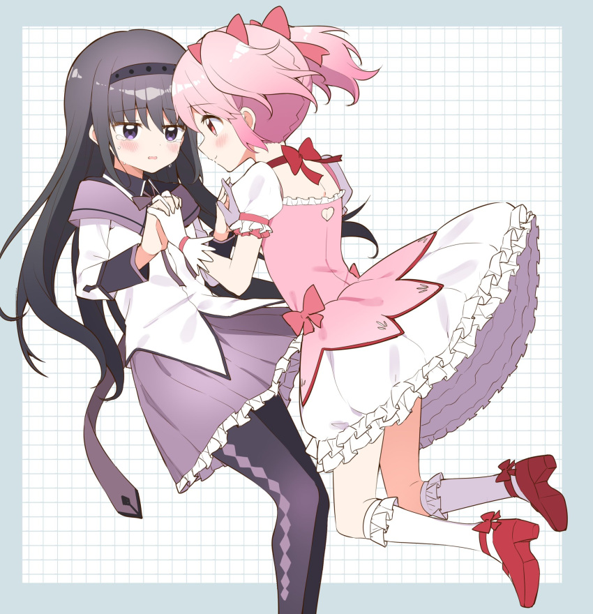 2girls, akemi_homura, black_hair, blush, bobujirou, crying, dress, eye_contact, floating, frilled_dress, frills, full_body, highres, holding_hands, interlocked_fingers, kaname_madoka, long_hair, looking_at_another, magical_girl, mahou_shoujo_madoka_magica, mary_janes, multiple_girls, pantyhose, pink_hair, shoes, smile, twintails, violet_eyes, yuri