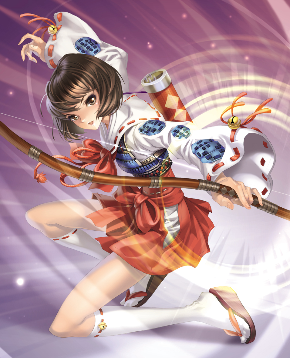 armor, bow_(weapon), brown_eyes, brown_hair, hakama, japanese_clothes, legs, light_particles
