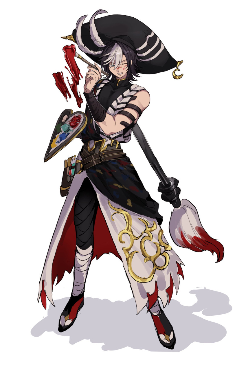 1boy, absurdres, aoi_(yooo009), bandages, bare_shoulders, belt, black_hair, blue_eyes
