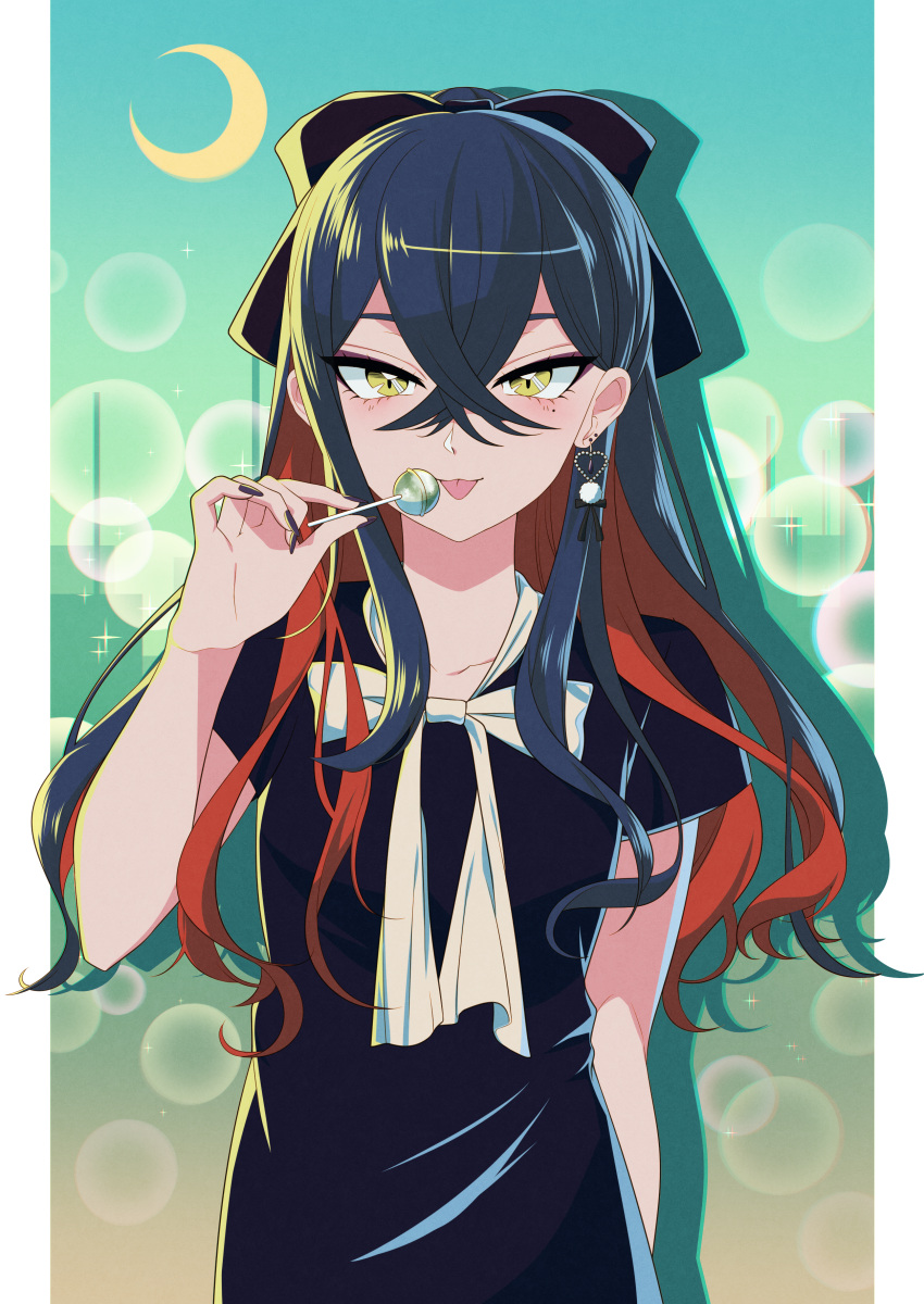 1girl, absurdres, alternate_costume, black_hair, black_nails, black_shirt, bow, candy, carmine_(pokemon), commentary_request, crescent_moon, crossed_bangs, earrings, eyelashes, food, hair_between_eyes, hand_up, highres, jewelry, lollipop, long_hair, looking_at_viewer, moon, multicolored_hair, nail_polish, pokemon, pokemon_sv, redhead, saotome_(neptune_0416), shirt, short_sleeves, solo, sparkle, tongue, tongue_out, two-tone_hair, upper_body, white_bow, yellow_eyes