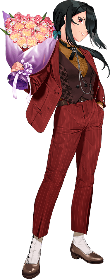 1girl, black_hair, black_ribbon, black_vest, bouquet, brown_footwear, brown_shirt, hair_over_one_eye