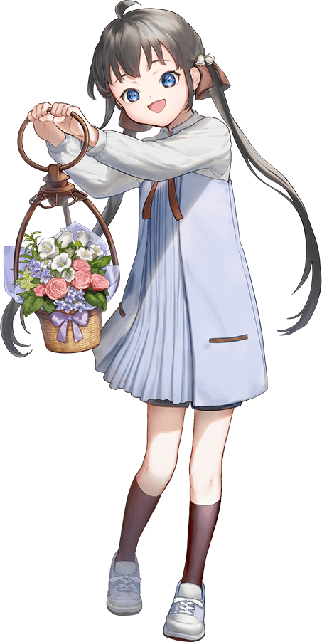 1girl, ahoge, basket, bell, black_hair, black_socks, blue_dress, blue_eyes
