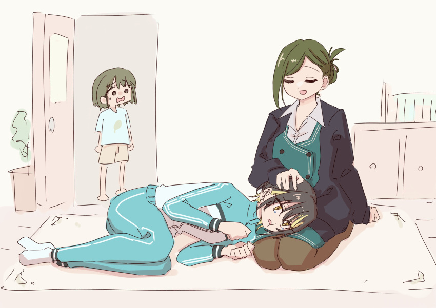 3girls, black_cardigan, black_hair, blonde_hair, brown_pantyhose, cardigan, chibi, closed_eyes