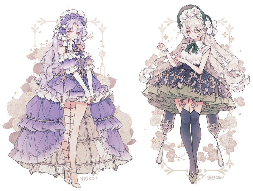 2girls, ankle_ribbon, black_skirt, black_thighhighs, bow, breasts, chrysanthemum, clothing_cutout, double-parted_bangs, dress, embroidery, eyeliner, fashion, floral_background, flower, frilled_dress, frills, full_body, gothic_lolita, green_eyes, green_footwear, green_headdress, green_ribbon, grey_hair, headdress, high_heels, juliet_sleeves, leg_ribbon, lemon89h, lolita_fashion, long_hair, long_sleeves, looking_at_viewer, makeup, medium_breasts, multiple_girls, original, parted_bangs, parted_lips, pink_eyeliner, pink_lips, puffy_sleeves, purple_dress, purple_flower, purple_hair, purple_rose, ribbon, rose, shirt, shoulder_cutout, sidelocks, skirt, tassel, thigh-highs, violet_eyes, wavy_hair, white_bow, white_flower, white_footwear, white_headdress, white_rose, white_shirt, wrist_ribbon