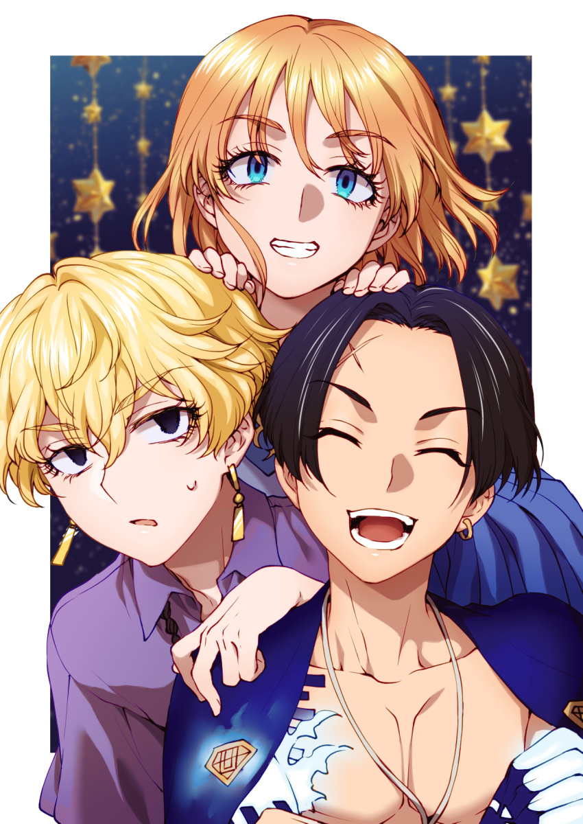 1girl, 2boys, :d, arm_on_another's_shoulder, astro_royale, black_hair, blonde_hair, blue_eyes