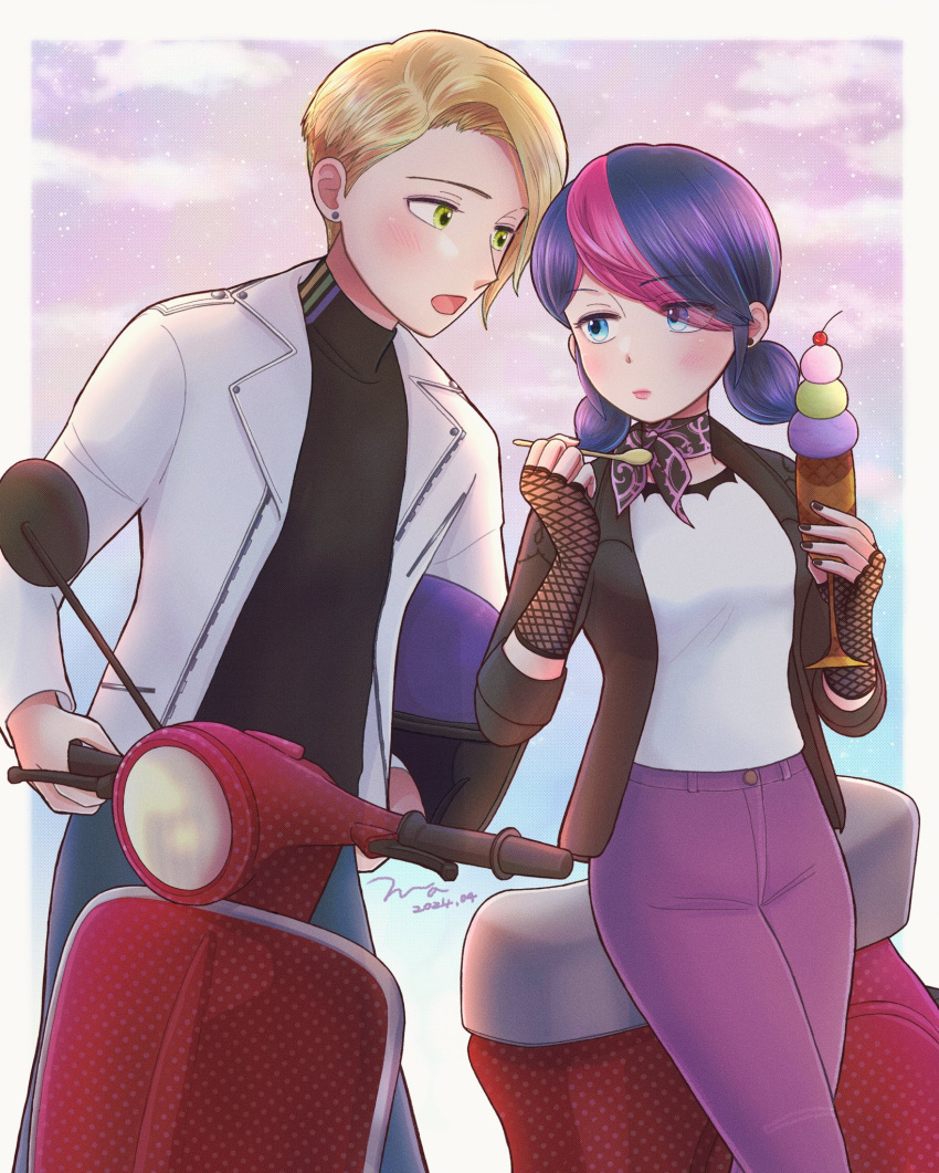 1boy, 1girl, adrien_agreste, black_gloves, black_jacket, black_shirt, blazer, blonde_hair, blue_eyes, blue_hair, blue_pants, blush, catnoir_love, clouds, cloudy_sky, food, gloves, green_eyes, highres, holding, holding_spoon, ice_cream, jacket, looking_at_another, marinette_dupain-cheng, miraculous_ladybug, motor_vehicle, motorcycle, open_clothes, open_jacket, open_mouth, pants, pink_pants, scooter, shirt, short_hair, short_twintails, sky, spoon, twintails, vespa, white_jacket, white_shirt